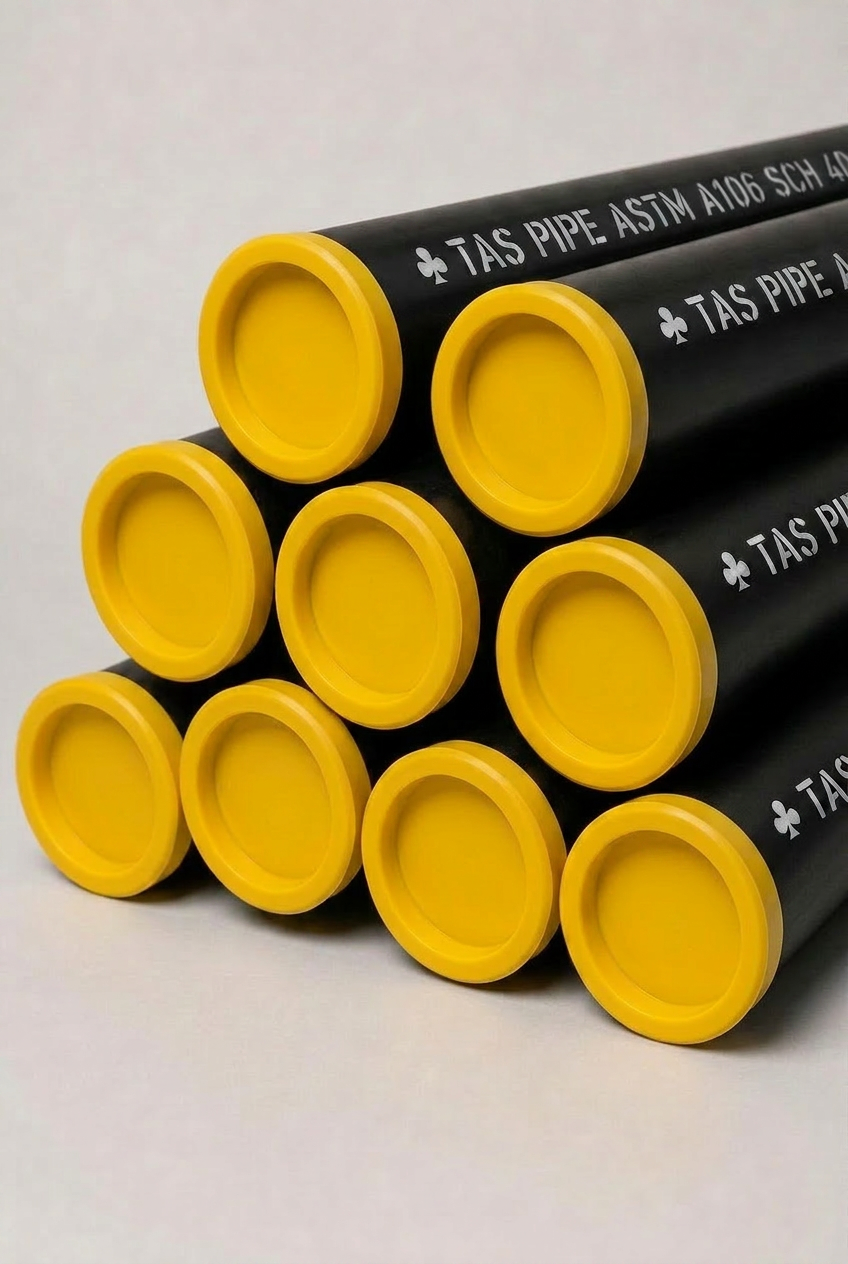 Black-coated seamless carbon steel pipes with yellow end caps